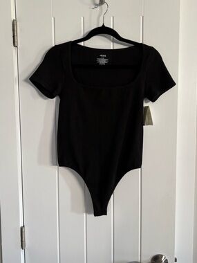 Ardene Black Ribbed Square Neck Short Sleeve Bodysuit